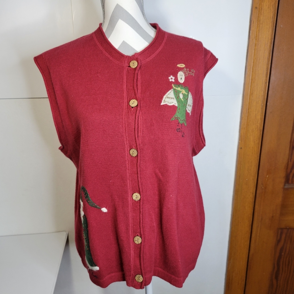 Womens Woolrich Sleeveless Christmas sweater Ruby Red size XL Cotton Wool Blend - Picture 2 of 10